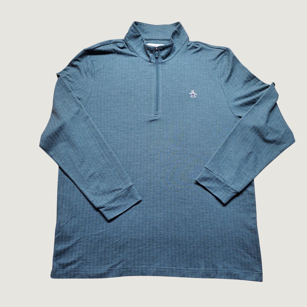 Original Penguin Pullover Men XL Teal Excellent Herringbone Quarter‎ Zip Logo
